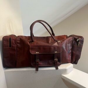 Men's Genuine Dark Leather Large Vintage Duffel Travel Weekend Overnight‎ Bag